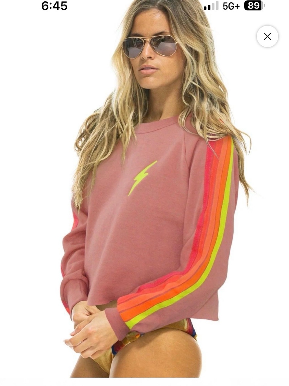 Aviator Nation Cropped Mauve Crewneck with Neon Rainbow Sleeve Stripes